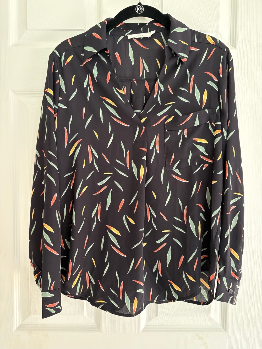 Lush Black Button-Front Blouse with Multicolor Leaf Print